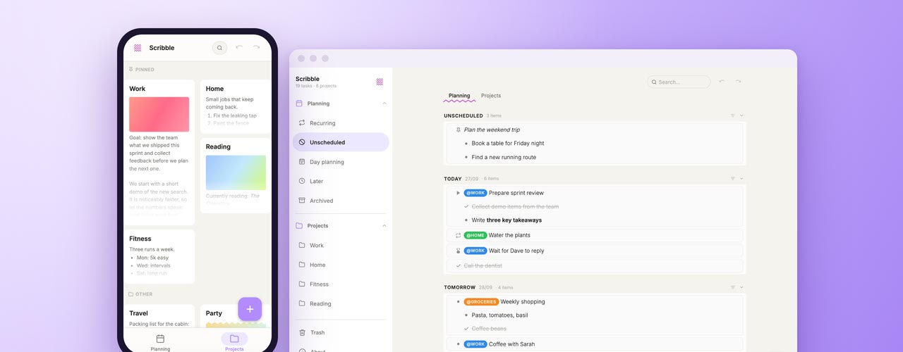 Scribble to-do list app on desktop and mobile