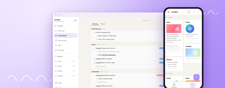 Scribble to-do list app on desktop and mobile