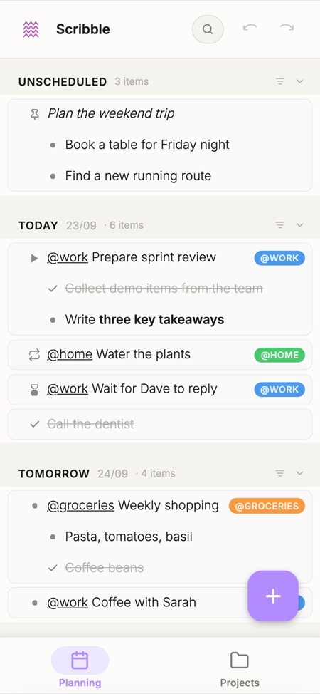 Scribble day planning on a mobile phone
