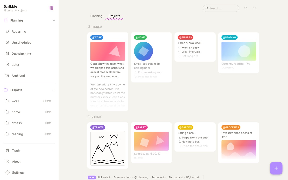 Scribble projects overview with pinned project cards, images in notes, a sketch and a grocery list