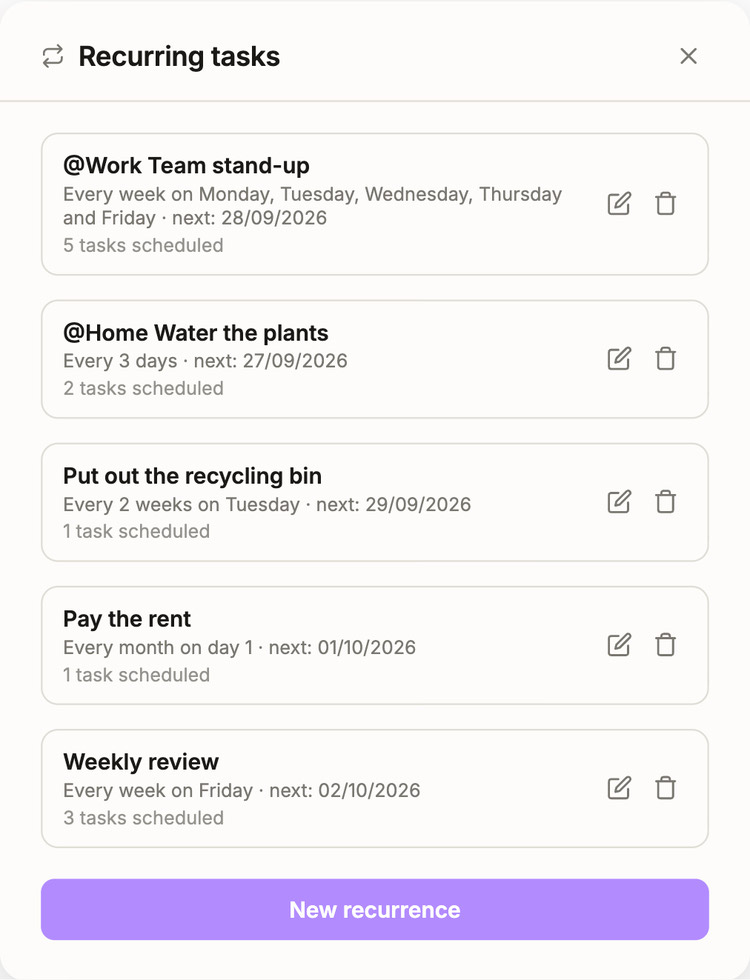 The recurring tasks window in Scribble with five recurring tasks, their repeat pattern and next date