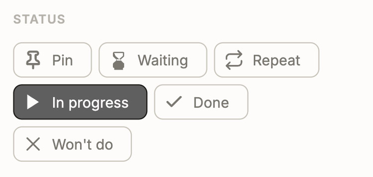 The status buttons in Scribble: Pin, Waiting, Repeat, In progress, Done and Won't do