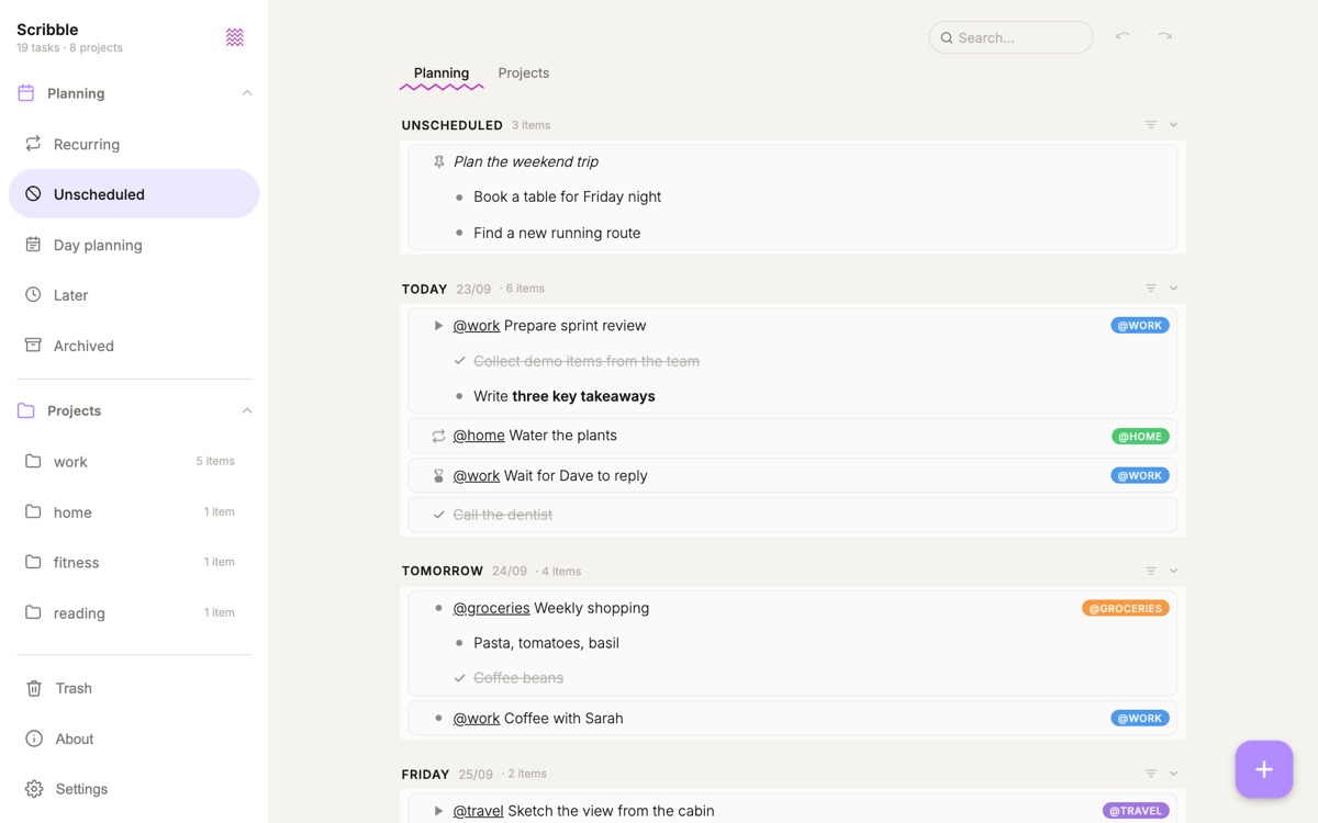 Scribble day planning with tasks for today and tomorrow, sub-tasks, tags and statuses