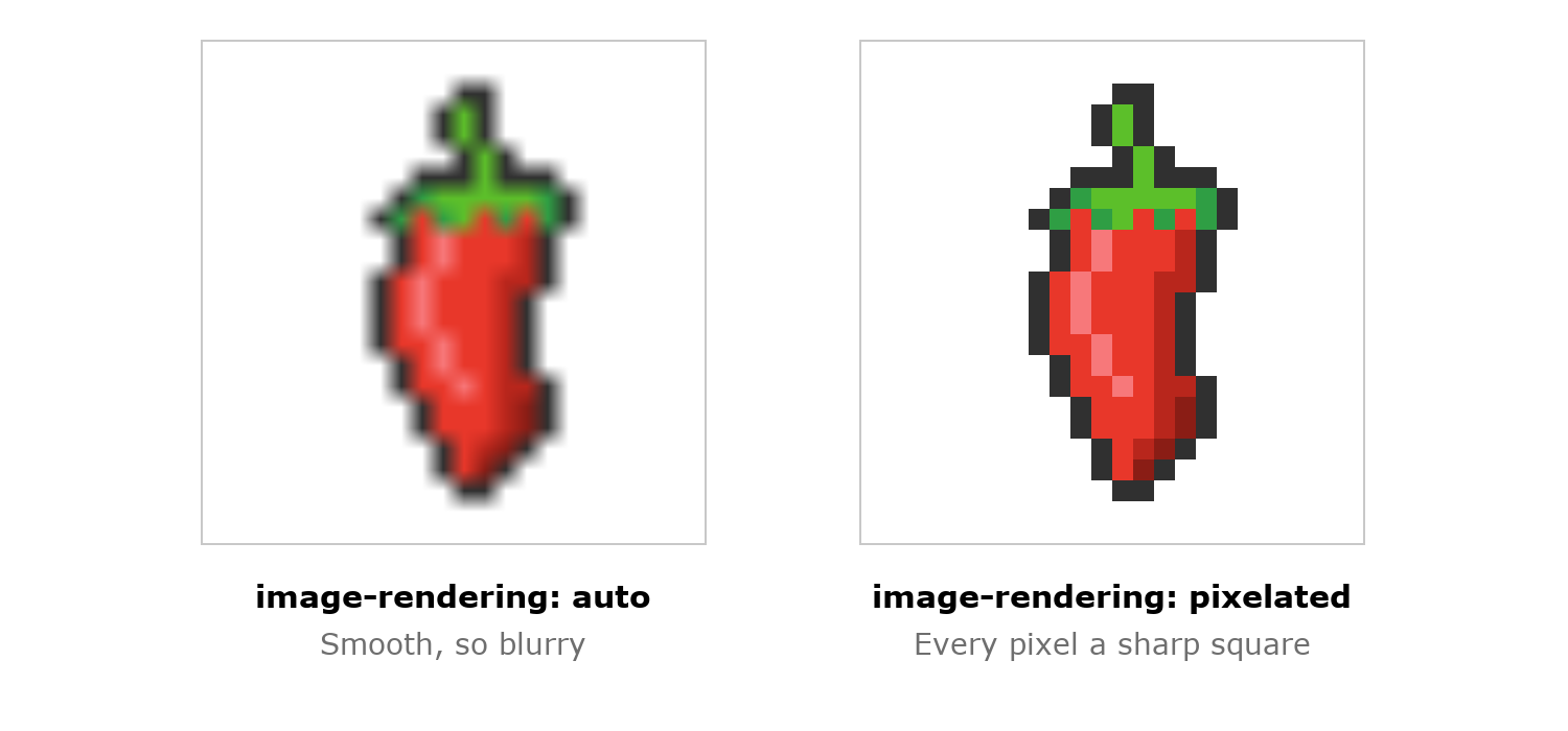 The same pixel art potion bottle scaled up twice, blurry with image-rendering: auto and sharp with image-rendering: pixelated